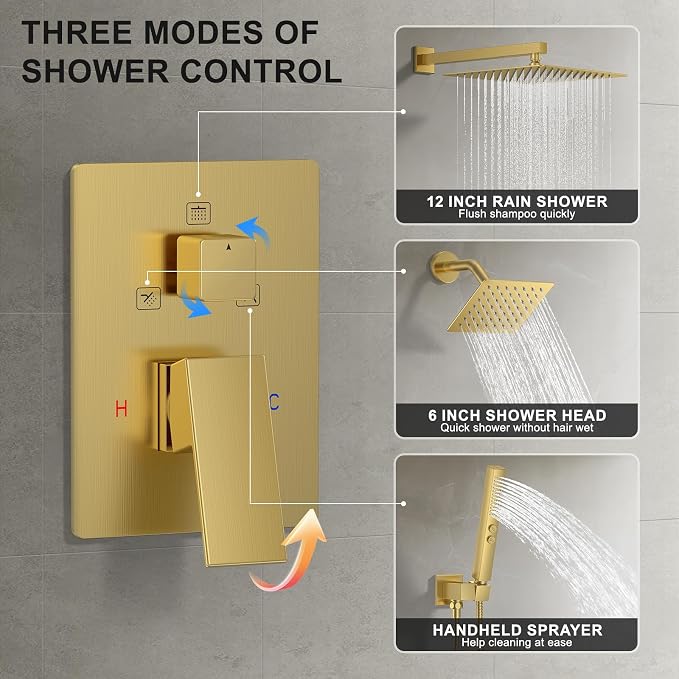 Rain Shower System 12" & 6" Dual Shower Heads, Wall Mount Shower Faucet Set | Ideal for bathroom remodels and upgrades with 12" rain shower, 6" angled shower, handheld spray and complete valve kit.