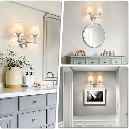 Brushed Nickel Bathroom Light Fixtures: Modern Bathroom Vanity Lights over Mirror with Flared Fabric Shade, Vanity Lighting Fixtures, 2 Light Wall Sconces Lighting for Bedroom Hallway Living Room