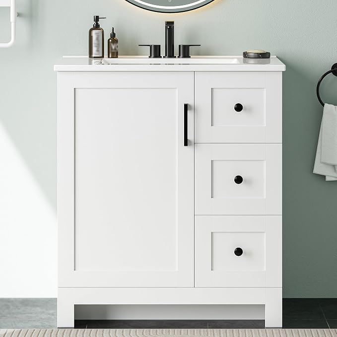 LIKIMIO 30" Bathroom Vanity with Sink, 2 Soft-Close Drawers & 1 Door, White | Freestanding Bathroom Vanity, Integrated Rectangular Ceramic Sink, Modern Bathroom Storage Cabinet, Assembly Required