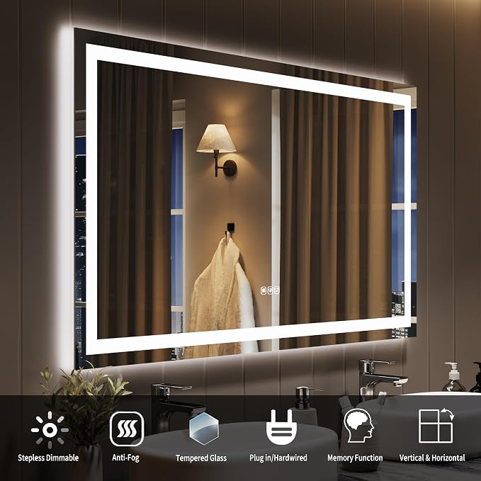 LED Bathroom Mirror 50 x 28 inch, Lighted Bathroom Vanity Mirror with Front Light and Backlit Ambient LED, Frameless Wall Mounted Mirror with Adjustable Color Temperature