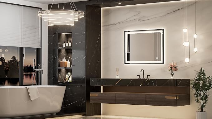 Keonjinn 40x30 Inch Black LED Bathroom Mirror with Lights, Beveled Edge | Frontlit & Backlit, Lighted Bathroom Mirror, HD Tempered Glass, 3 Color Temperatures, Anti-fog, Stepless Dimmable