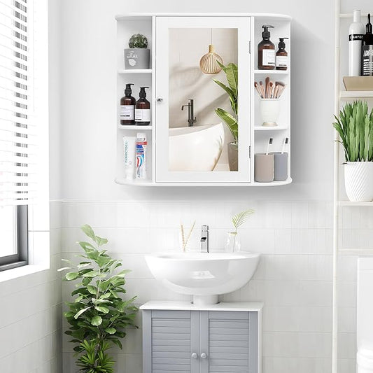 Iwell Bathroom Medicine Cabinet with Mirror, Bathroom Wall Cabinet with 2 Adjustable Shelves & 6 Open Shelves, Medicine Cabinet Organizer, Bathroom Cabinet Wall Mounted, White