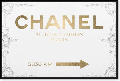 The Oliver Gal Artist Co. Typography and Quotes Contemporary Canvas Art - Couture Road Sign Rococo Gold, Wall Art for Living Room, Bedroom, and Bathroom, 45 in x 30, White and Gold Home Decor