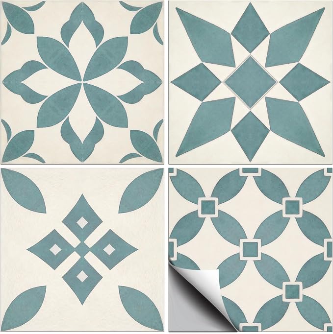 36 Pcs 4 Styles Retro Blue and Green Patten Tile Sticker Geometric Patten Wall Tile Stickers Waterproof Self Adhesive Stick on Decals for Kitchen Bathroom Wall Art 4×4 Inch