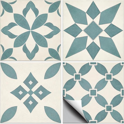 36 Pcs 4 Styles Retro Blue and Green Patten Tile Sticker Geometric Patten Wall Tile Stickers Waterproof Self Adhesive Stick on Decals for Kitchen Bathroom Wall Art 4×4 Inch