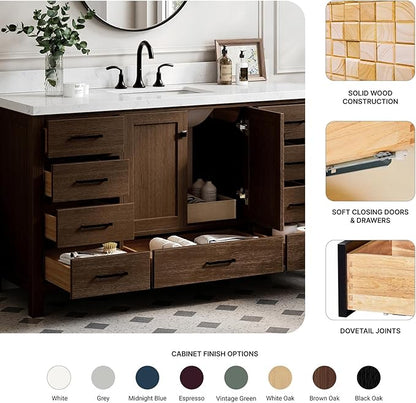 ARIEL Cambridge 60-inch Bathroom Vanity Base Cabinet,Solid Wood, 2 Soft Closing Doors, 9 Dovetail Drawers, Brown Oak