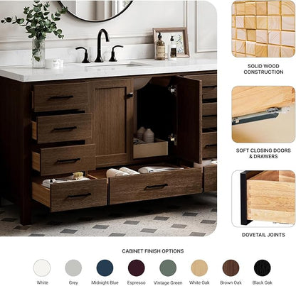 ARIEL Cambridge 60-inch Bathroom Vanity with Sink,Solid Wood, 1.5-inch Carrara White Quartz Countertop, Single Rectangular Porcelain Sink, 2 Soft Closing Doors, 9 Dovetail Drawers, Brown Oak
