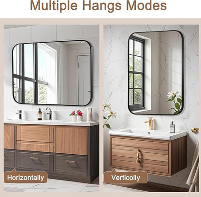 Matte Black Mirror, 24"x36" Rectangle Bathroom Mirror, Metal Frame Rectangle Corner Vanity Mirror, Wall Mounted Mirror for Modern, Living Room, Bedroom, Horizontal Or Vertical