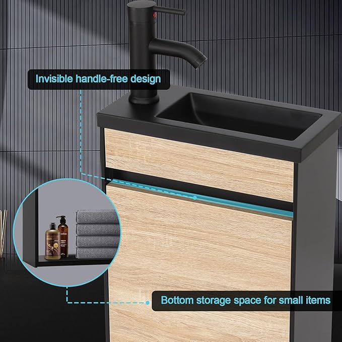 UEV 16" Small Bathroom Vanity, Black & Natural Mixed with Ceramic Sink, Frosted Black Faucet P-Trap (Wall Mounted)