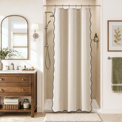MIULEE Cream Beige Small Stall Scalloped Linen Shower Curtain 36x72 Inches | Linen Textured, Waterproof, Washable, 6 Metal Hooks, Narrow Heavy Duty Cloth, Black Border, Shower Curtain for Bathroom Hotel