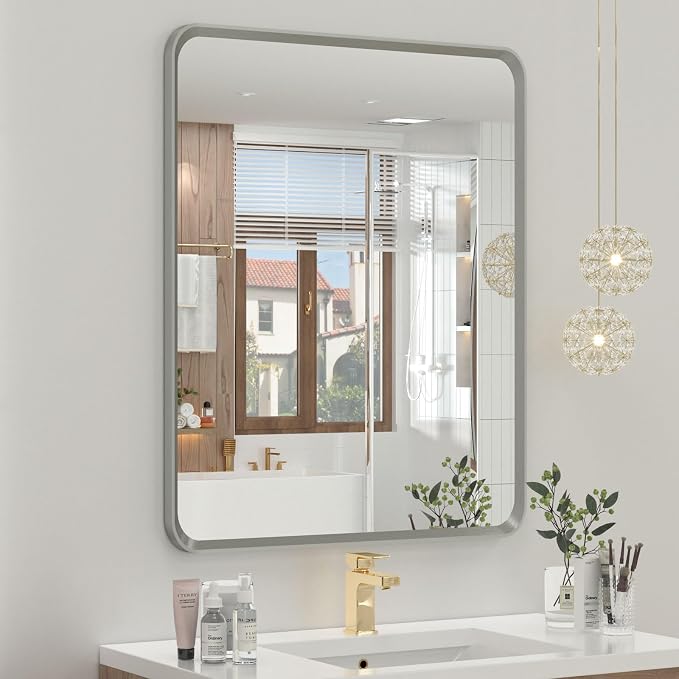 OKPAL 20 x 24 Inch Brushed Nickel Bathroom Mirrors, Rounded Rectangle Silver Bathroom Vanity Mirror, Beveled Framed Mirror for Wall, HD Glass, Anti-Rust Aluminum Alloy Mirror