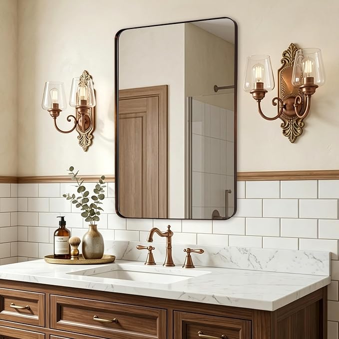 Wall Mirror for Bathroom, 20”x28”Brushed Bronze Bathroom Mirror, Rounded Rectangle Mirror in Premium Stainless Steel Metal Frame Hangs Horizontal Or Vertical