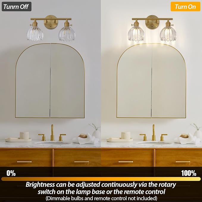 Gold 2 Light Bathroom Vanity Light,14.9in Modern Bathroom Lighting Fixtures Over Mirror with Tulip Crystal Glass Shade,Brass Vintage Vanity Lights for Bathroom Living Room Bedroom（not include bulbs)