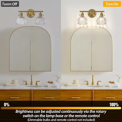 Gold 2 Light Bathroom Vanity Light,14.9in Modern Bathroom Lighting Fixtures Over Mirror with Tulip Crystal Glass Shade,Brass Vintage Vanity Lights for Bathroom Living Room Bedroom（not include bulbs)