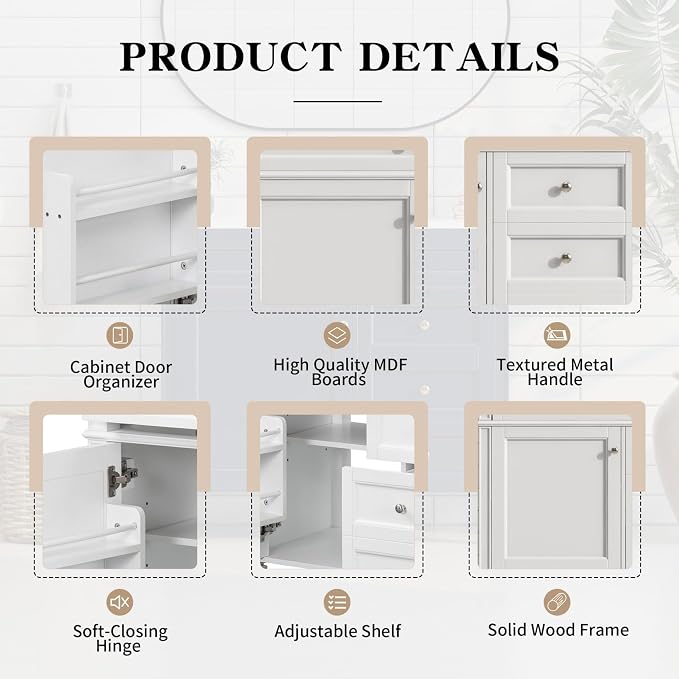 Merax 36'' Bathroom Vanity Without Top Sink, Solid Rubberwood Frame Cabinet | Modern Bathroom Vanity Storage Cabinet with 2 Drawers, Tip-out Drawer, Adjustable Shelf, Soft Closing Doors, White