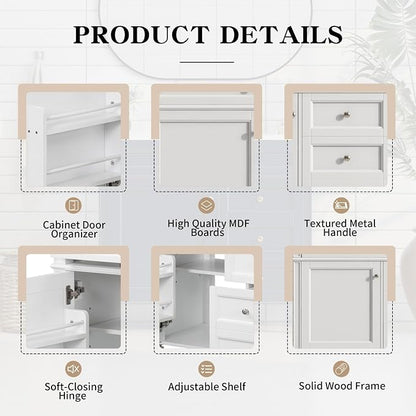 36'' Bathroom Vanity with Top Single Resin Sink Countertop Combo, Solid Wood Frame Modern Organizer Storage Cabinet, Tip-Out Drawer, Soft Closing Doors, Free Standing, White