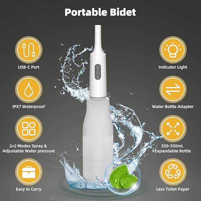 Hibbent Portable Bidet for Travel, High Pressure Electric Handheld Bidet Sprayer, 350-550ML Expandable Bottle for Personal Hygiene, USB-C Rechargeable Waterproof, Travel Sprayer for Women & Men, White