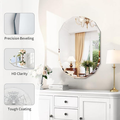 GLASHOM Frameless Bathroom Mirror, 16" x 24" Beveled Oval Wall Mirror for Over Sink, 16 Inch Modern Decorative Vanity Mirror for Bedroom, Living Room, Entryway, Hanging Mirror Horizontal or Vertical