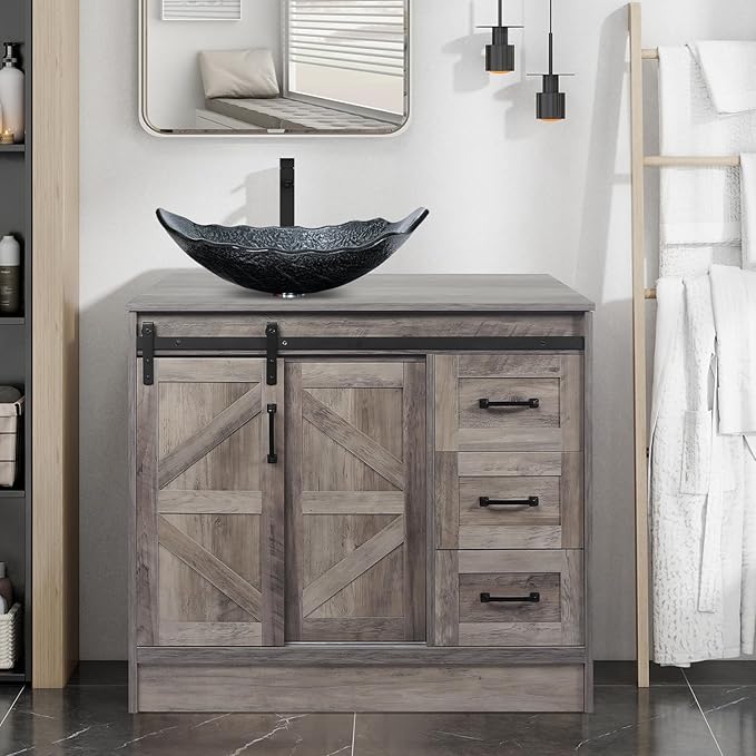 36 Inch Barn Door Bathroom Vanity, Farmhouse Style Standing Pedestal Cabinet with Silver Leaf Vessel Sink