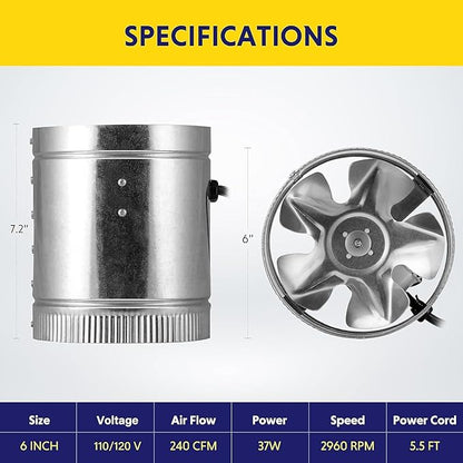 Simple Deluxe 8 Inch Inline Fan 420 CFM, HVAC Booster Exhaust Ventilation Fan with Low Noise for Basements, Bathrooms, Kitchens, Attics and Grow Tents, Silver
