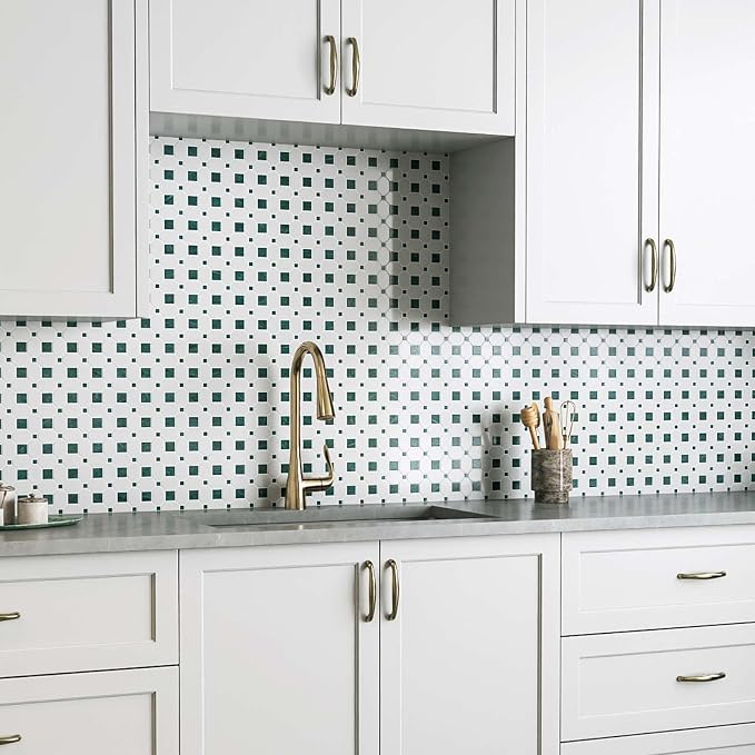 2 Inch Long Octagon Marble Mosaic Tile for Wall Floor, 5 Sheets | Water & Heat Resistant Polished Marble Backsplash Tiles for Kitchen Bathroom Fireplace Durable, Thassos+Medium Green, 5SQFT