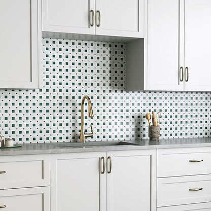 2 Inch Long Octagon Marble Mosaic Tile for Wall Floor, 5 Sheets | Water & Heat Resistant Polished Marble Backsplash Tiles for Kitchen Bathroom Fireplace Durable, Thassos+Medium Green, 5SQFT