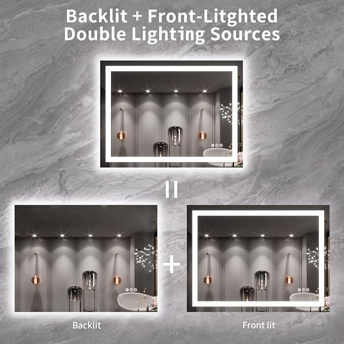 LOAAO 40X30 LED Bathroom Mirror with Lights, Anti-Fog, Dimmable, Backlit + Front Lit, Lighted Bathroom Vanity Mirror for Wall, Memory Function, Tempered Glass, ETL Listed | Anti-Fog, Dimmable, 3 Color Temperature, Backlit + Front Lit, Memory Function, ...
