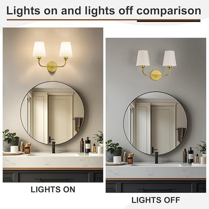 Bathroom Vanity Light, Brushed Gold Bathroom Light Fixtures, 2-Light Lighting Fixtures Over Mirror, Modern Wall Sconce with Flared White Fabric Shade, E26 Socket(ETL Listed)