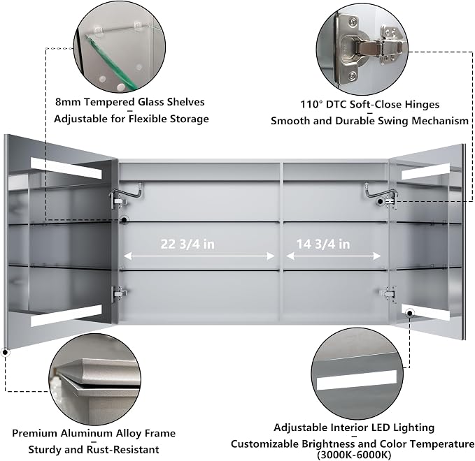 LED Bathroom Medicine Cabinet with Mirror, 24x40 Medicine Cabinet with Lights, Power Failure memor, Dimmable, Defogging, Recessed/Surface, Front&Backlit, Outlets, Dual-Opening