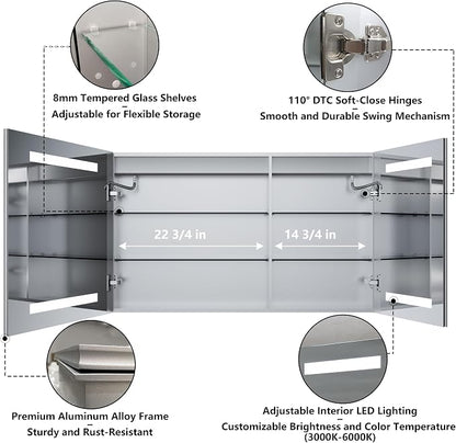 LED Bathroom Medicine Cabinet with Mirror, 24x40 Medicine Cabinet with Lights, Power Failure memor, Dimmable, Defogging, Recessed/Surface, Front&Backlit, Outlets, Dual-Opening