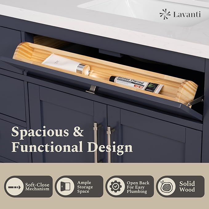 Lavanti Oakford 72 Inch Bathroom Vanity with Sink – Stylish Navy Blue Vanity Bathroom with Storage Cabinet – Modern Bathroom Vanities with Double Vanity Sink & Quartz Countertop