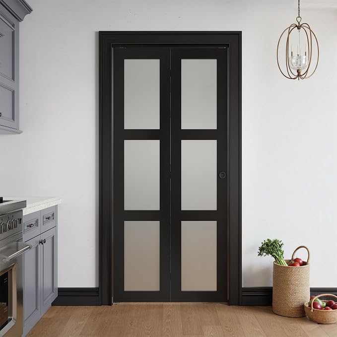 Bifold Doors for 36" x 80" Opening,Tempered Frosted Glass,Black | Closet Folding Doors with Hardware kit Included, Easy Assembly for Pantry Closet,Water-Proof PVC Surface