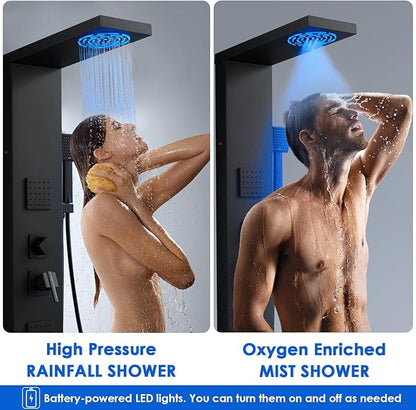 ROVOGO 46.5"H x 7.8"W Shower Panel Tower System with Led Lights, Rainfall Mist Shower Head, Body Jets, Handheld and Tub Spout, Stainless Steel Shower Column with Mixer Valve, Black