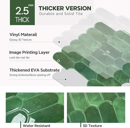 Vamos Tile Thicker Peel and Stick Backsplash Tile,Green,10-Sheet | Self Adhesive Vinyl Wall Tiles with Green Grout, Stick on Backsplash for Kitchen, Bathroom,RV,Laundry,11.1''x12''