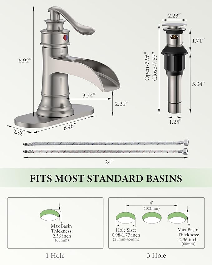 Homevacious Bathroom Faucet Brushed Nickel Waterfall Bathroom Sink Faucets with Single Handle Rustic Vanity Farmhouse RV Faucet Suitable for 1 or 3 Holes with Pop-up Drain Deck Plate Hose