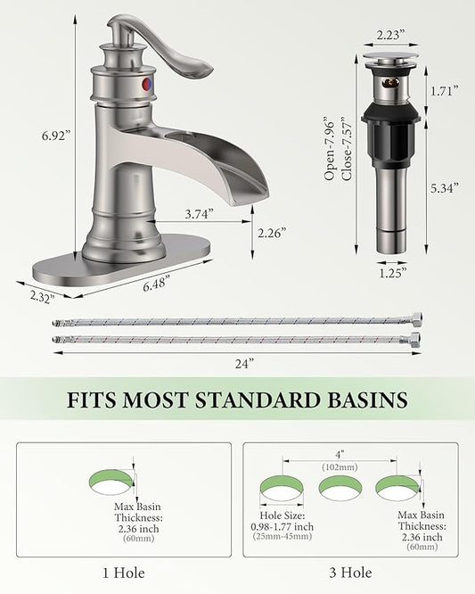 Homevacious Bathroom Faucet Brushed Nickel Waterfall Bathroom Sink Faucets with Single Handle Rustic Vanity Farmhouse RV Faucet Suitable for 1 or 3 Holes with Pop-up Drain Deck Plate Hose