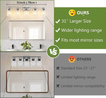 31” Bathroom Light Fixtures, 5-Light Vanity Light Brushed Nickel | Square Clear Glass & Durable Metal, Quick & Easy Installation, Standard E26 Socket, Bright Bathroom Lighting