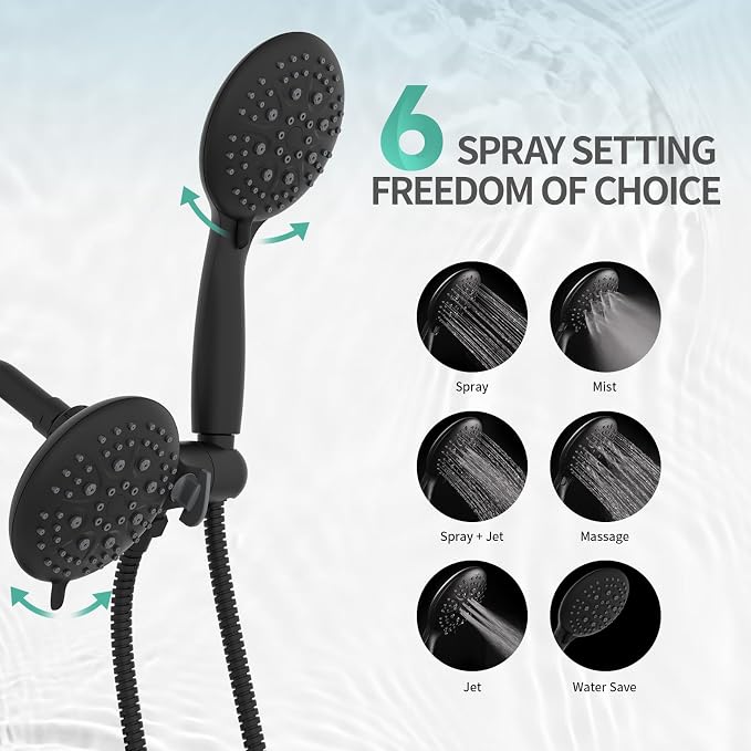SR SUN RISE Dual 2 in 1 Shower System with Tub Spout,Matte Black | 3-Way Diverter Rain Shower Combo Set,6 Spray Setting,High Pressure,Soild Brass,Included Valve and Trim Kit