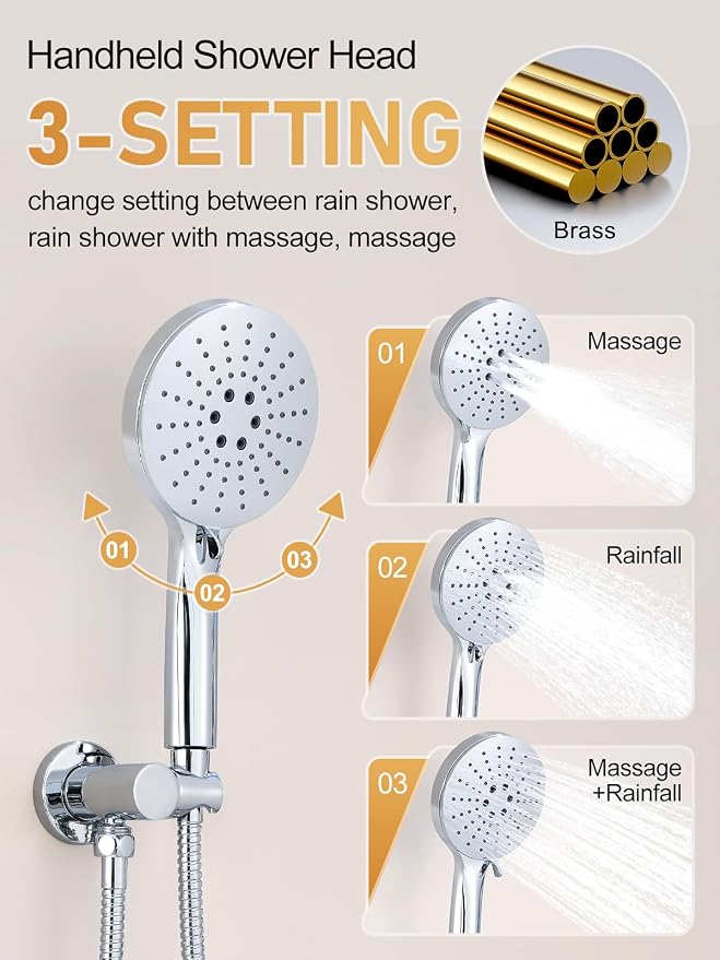 Woindo Shower Faucet Set 10" Rain Shower Head/8'' Side Shower Head and 3 Setting Handheld Ceiling Mount 3 Push Button Diverter Complete Rainfall Round Shower System Included Valve Trim Kit