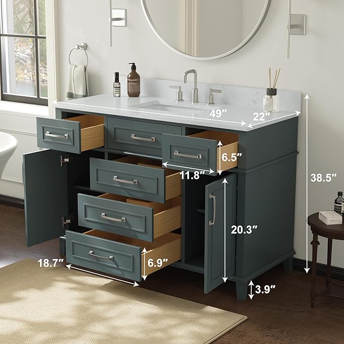 48 Inch Fully Assembled Bathroom Vanity with Sink, Green | Solid Wood, 0.78" Stone Top, Backsplash, Soft Close Doors, Dovetail Drawers, Large Storage, Modern Bathroom Upgrade