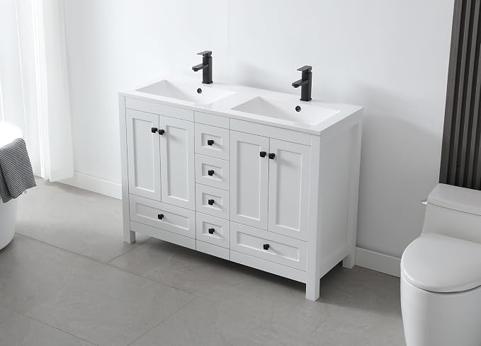 LUCKWIND 48" Bathroom Vanity and Sink Combos, Modern Bathroom Storage Painted Cabinet with Undercounter Resin Dual Sink Top, Matte Black Faucet and 6 Drawers, Mirror Not Included, White