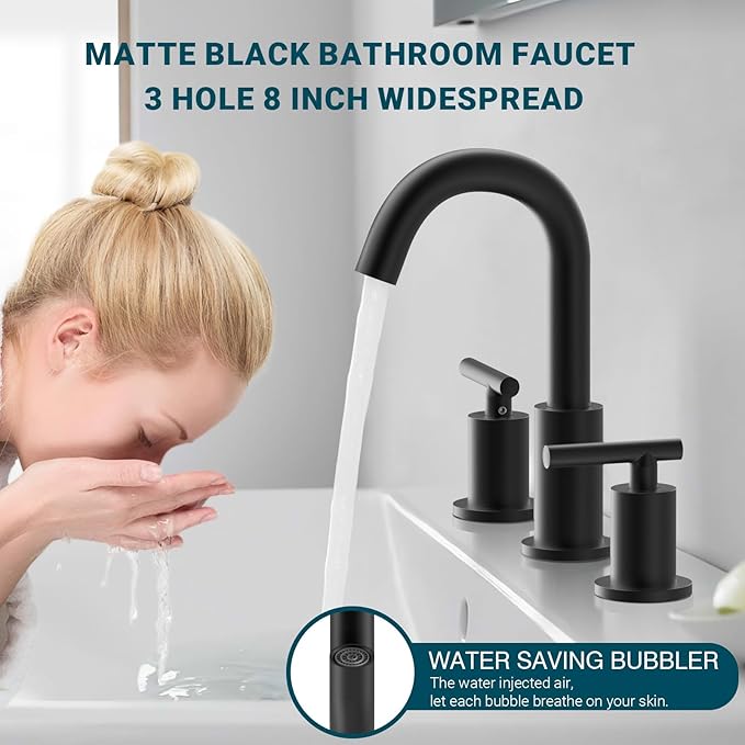 TRUSTMI 2 Handle 8-Inch Widespread Bathroom Faucet Matte Black 3 Hole Brass Bathroom Vanity Sink Faucet with 360° Swivel Spout, Include Overflow Drain and cUPC Supply Lines