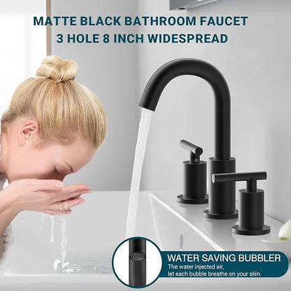 TRUSTMI 2 Handle 8-Inch Widespread Bathroom Faucet Matte Black 3 Hole Brass Bathroom Vanity Sink Faucet with 360° Swivel Spout, Include Overflow Drain and cUPC Supply Lines