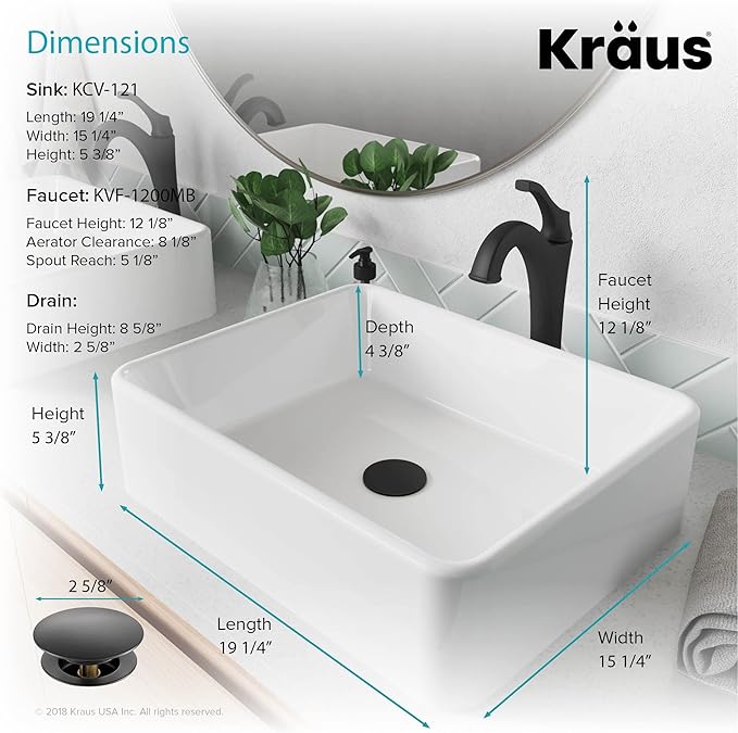 KRAUS Elavo 19-inch Modern Rectangular White Porcelain Ceramic Bathroom Vessel Sink and Matte Black Arlo Faucet Combo Set with Pop-Up Drain, C-KCV-121-1200MB