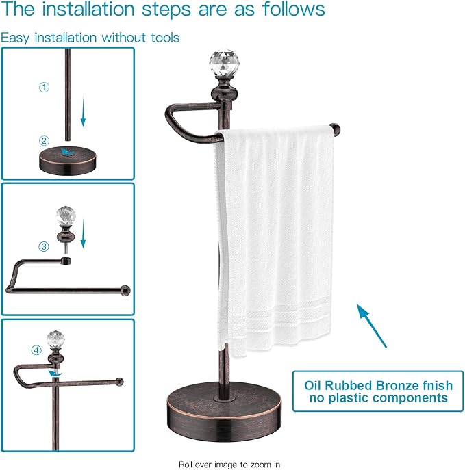 ROLABAM Heavy Weighted Hand Towel Holder(with Crystal Ball) Standing Hand Towel Holder Total Height 15.7'' for Kitchen,Bathroom,Vanity,Classic Decorative Metal Hand Towel Stand,Oil Rubbed Bronze