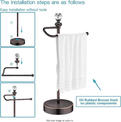 Bathroom Hand Towel Holder with Crystal Ball, Countertop Towel Holder Stand 15.7” H, Stainless Steel Classic Vintage Hand Towel Rack Stand with Heavy Weighted Base (Oil Rubbed Bronze, 2 Pack)