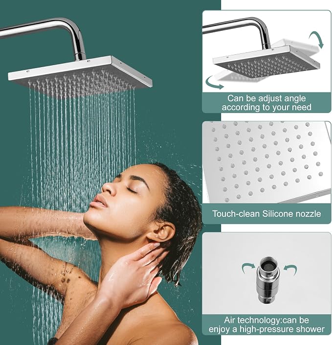Polish Chrome Exposed Shower System 2 Functional Bathroom Shower Set 8 Inch Square Rainfall Shower Head with Hand Sprayer Wall Mounted | 2-function design with rainfall shower head, handheld shower, adjustable-height slide bar and exposed wall-mount valve