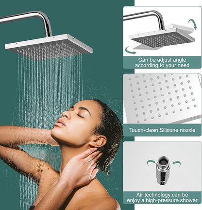 Polish Chrome Exposed Shower System 2 Functional Bathroom Shower Set 8 Inch Square Rainfall Shower Head with Hand Sprayer Wall Mounted | 2-function design with rainfall shower head, handheld shower, adjustable-height slide bar and exposed wall-mount valve