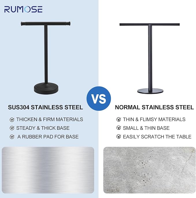 RUMOSE Matte Black Hand Towel Holder Stand Countertop Towel Rack | 13 Inch Bathroom Kitchen Vanity T-Shape Towel Stand Free Standing Stainless Steel Towel Bar Towel Ring