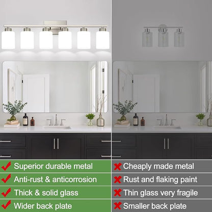 Brushed Nickel Bathroom Light Fixtures with Milk Glass Shades, Eye-Friendly 6 Light Vanity Lights for Bathroom, Vanity Lights with E26 Socket (Bulbs Not Included), for Mirror, Bedroom, Hallway